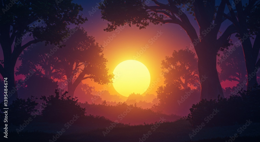 Fototapeta premium Serene sunset illuminating a forest landscape with vibrant colors and silhouettes