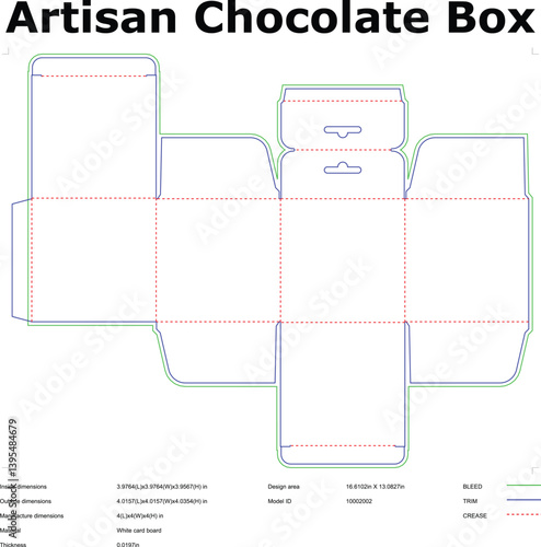 Die Cut Template For Artisan Chocolate Box Packaging Vector Diagram For Manufacturing And Design With Dimensions