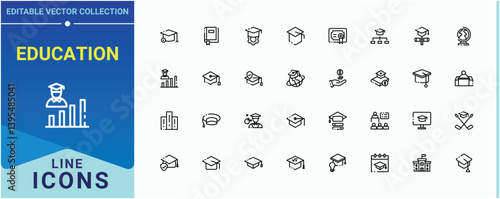Education icon. Contains outline symbols like student, learning, learn, graduation, university, school, study and more. Academy icon set. Thin UI icons. Editable vector. Pixel perfect.