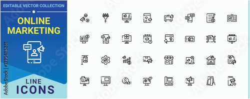 Set of Online Marketing line icon. Includes symbols for digital marketing, marketing, market, promotion, mobile and more. Advertising vector line icon set. Vector outline icons collection.