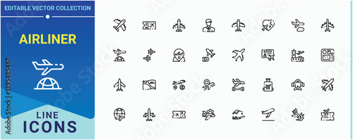 Airliner icon pack. Contain linear sign flight, plane, aviation, landing, air and more. Airplane linear icon collection. Line symbol and sign. Pixel perfect. Editable vector.