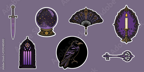 Set of Whimsigothic stickers with collection of magic medieval objects. Black, violet and golden colors