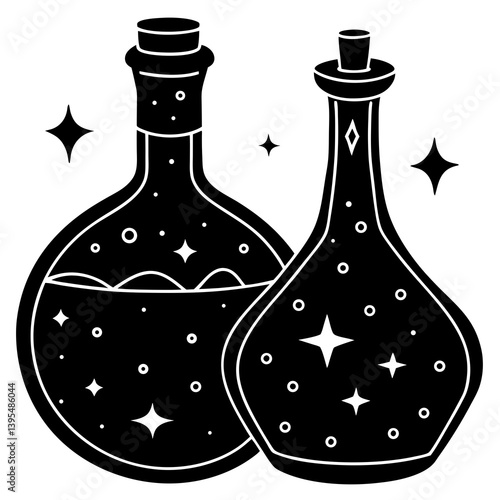 Enchanted potion bottles with glowing liquids. Great for witchcraft-themed digital downloads and crafts.