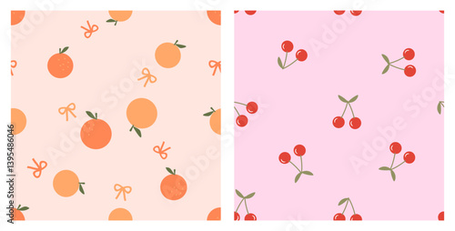 Seamless patterns of cherries, orange fruit with green leaves and ribbon bows on orange and pink backgrounds vector. Cute fruit print.