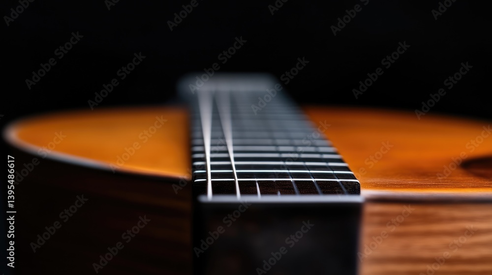 Fototapeta premium Close-up of acoustic guitar fretboard. Wooden guitar neck and fretboard detail