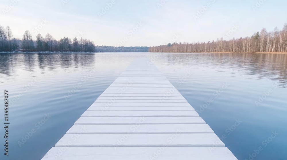 Fototapeta premium White Wooden Dock Lake Shore Minimalist Style High-Resolution, Calm Water, Peaceful Contemplation, Tranquil Winter Landscape, Cool Serene Hues, Perfect for Travel Brochures