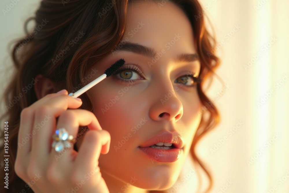 Fototapeta premium Woman applying mascara beside a bright window