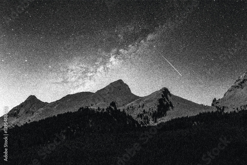 a movement of stars in the night sky with the view of mountains .abstract dotted mountain grunge texture overlay. Mounted landscape in retro halftone vector illustration