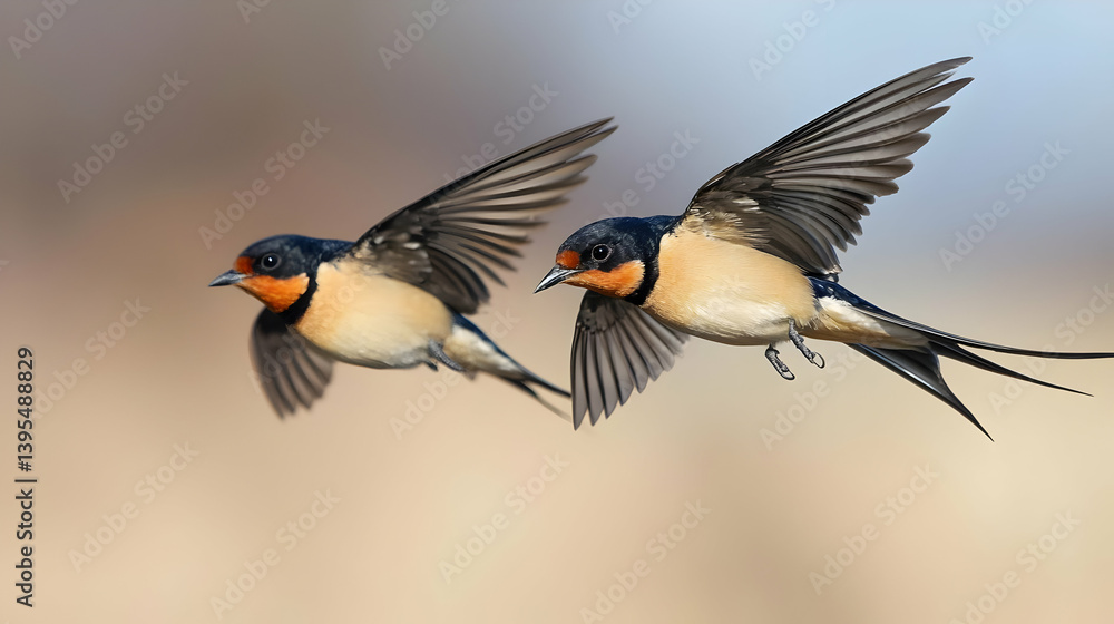 Two Swallows In Flight Against Blurred Background Two Swallows In Flight Against Blurred Background