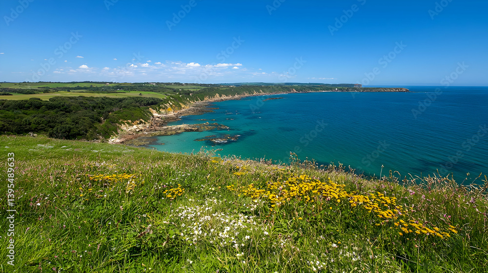 Coastal Meadow View With Rocky Cliffs And Turquoise Water Coastal Meadow View With Rocky Cliffs And Turquoise Water
