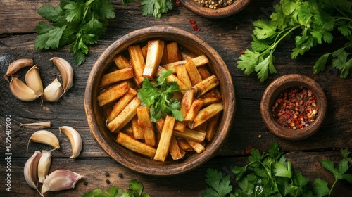 Wallpaper Mural Spicy Fried Veggies with Fresh Herbs and Garlic on Wooden Table Torontodigital.ca