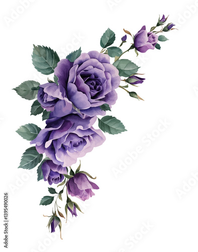 Vector watercolor flower border.Spring purple roses flower frame with leaves, Cards,invitations,decorative border wreath.Wedding, mother's day,valentine's day,Women's Day,friendly