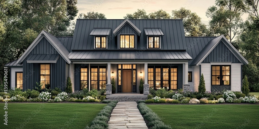 Elegant farmhouse exterior with manicured lawn and serene landscape view Elegant farmhouse exterior with manicured lawn and serene landscape view