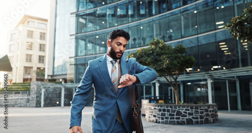 City, walking and businessman check watch for morning commute, travel and work schedule. Corporate, professional and person with rush or hurry for time management, meeting and appointment in town