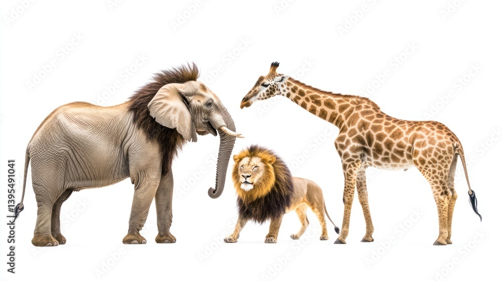 African elephant, lion, giraffe, safari, wildlife, white background, animal encounter, zoo illustration African elephant, lion, giraffe, safari, wildlife, white background, animal encounter, zoo illustration