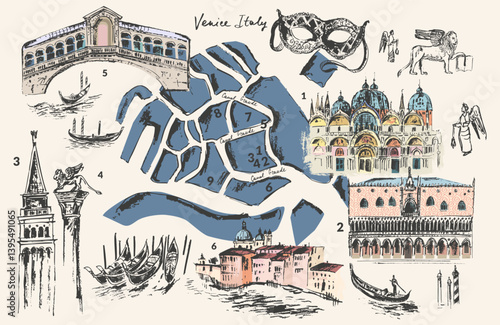 Hand drawn Venice architecture collage with map. Colored line drawing of Italy ancient city.
