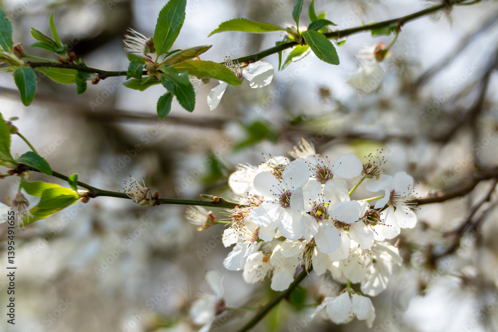 A white flower with green leaves. The flower is in the middle of the branch A white flower with green leaves. The flower is in the middle of the branch