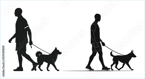 Silhouette of dog and man walking together vector art