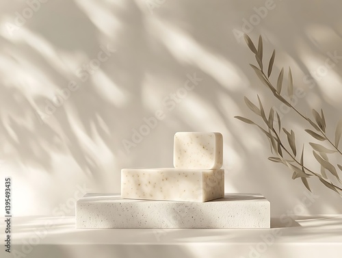 Natural soap bars displayed on a light stone podium, bathed in soft sunlight.