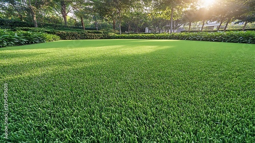 Lush green grass lawn, sunrise