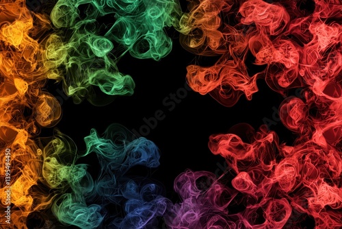 A vibrant swirl of colorful smoke forms a dynamic frame against a dark background, creating an energetic and artistic visual effect.