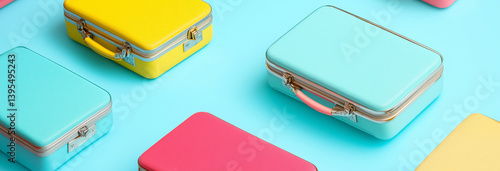 Different bright suitcases on light blue background
