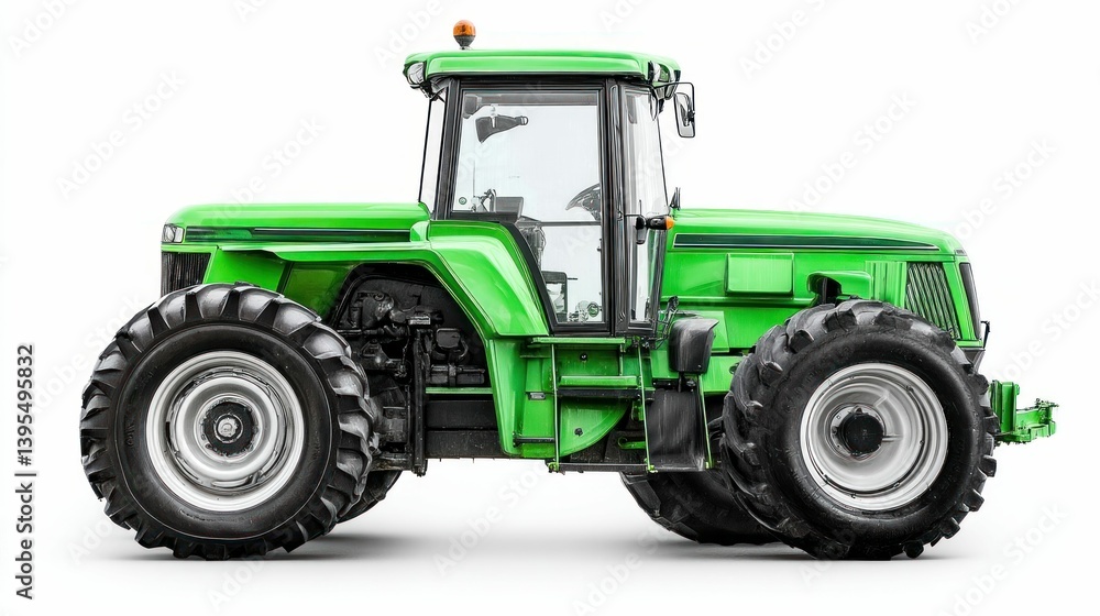 Naklejka premium This vibrant green tractor, with its massive wheels, stands ready for agricultural tasks in the fields.