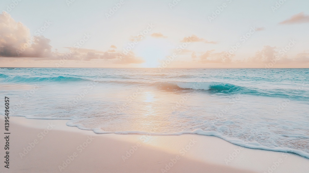 Obraz premium Serene Sunset Beach: Peaceful Ocean Waves at Golden Hour