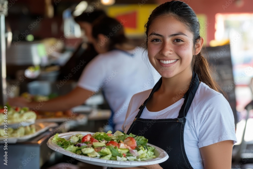 Cheerful Hispanic Waitress in Her 20s Serving Fresh Salad Plates at Trendy Eatery Cheerful Hispanic Waitress in Her 20s Serving Fresh Salad Plates at Trendy Eatery