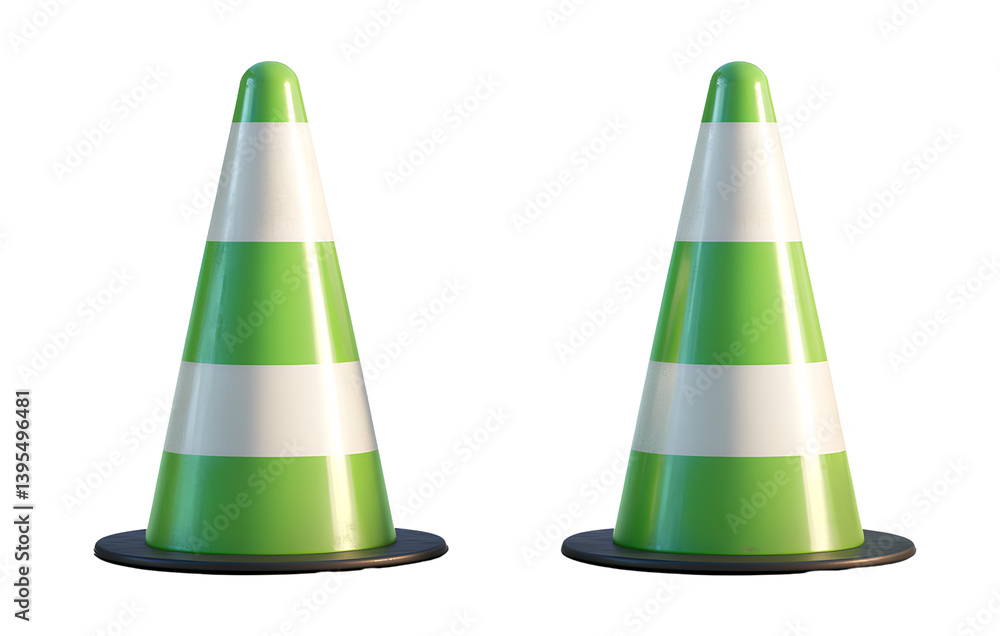 Two green and white traffic cones, isolated on a transparent background Two green and white traffic cones, isolated on a transparent background