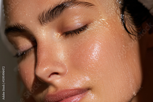 Close-up of a woman's face, skin glistening with water droplets, eyes closed, showcasing a healthy, hydrated complexion, representing skincare, beauty, and well-being.