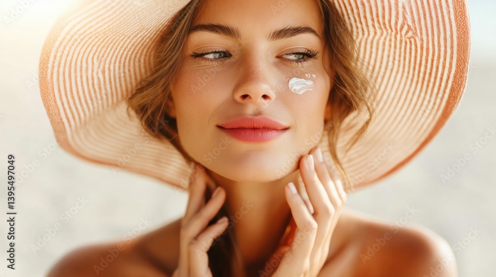 A woman in a sun hat applying sunscreen to her face to protect her skin from the sun's rays.