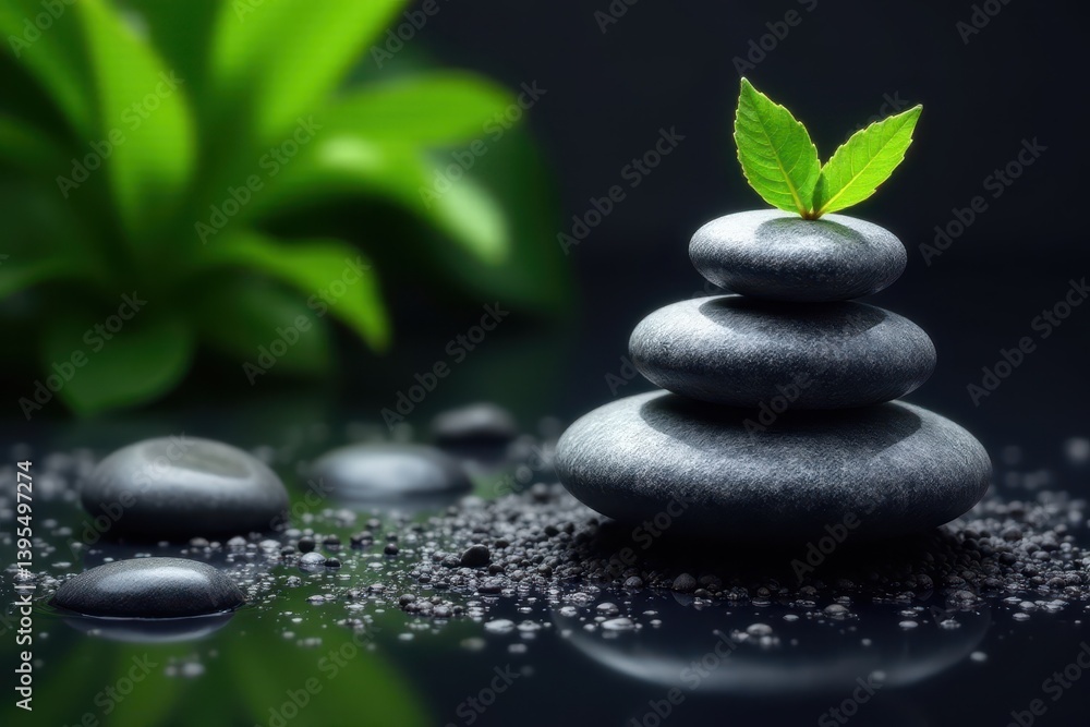 Smooth grey spa stones & vibrant green leaves on sleek black background, self-care, quiet Smooth grey spa stones & vibrant green leaves on sleek black background, self-care, quiet