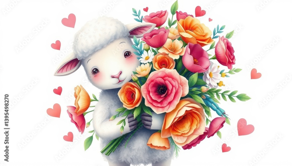 Fototapeta premium Professional watercolour, Cute sheep holding a beautiful and lush bouquet of flowers, the bouquet is bigger than the sheep cute and kind sentiment, hearts around, on a white background