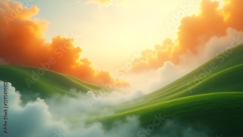 Magical sunrise over soft green hills, with clouds added to balance the overexposed sky.

