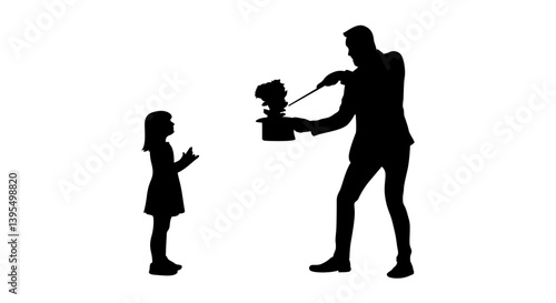 A magician is performing a magic trick with a hat in his hand. A child is watching and enjoying the game. Vector