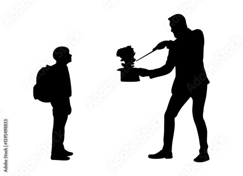 A magician is performing a magic trick with a hat in his hand. A child is watching and enjoying the game. Vector