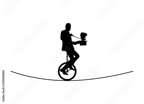 A magician is riding a unicycle on a rope and performing a magic trick with a hat in his hand vector.