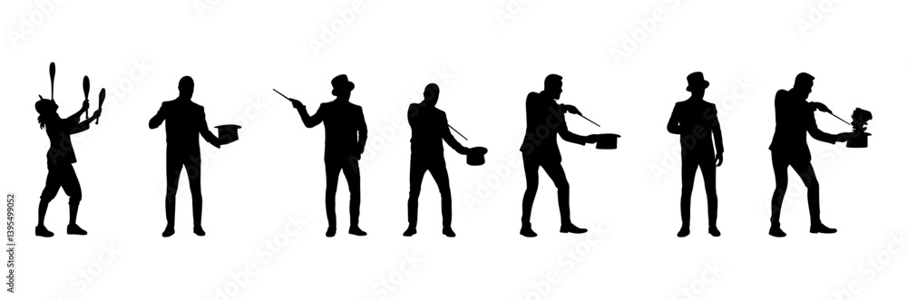 A magician is performing magic with a hat in his hand vector set. A magician is performing magic with a hat in his hand vector set.