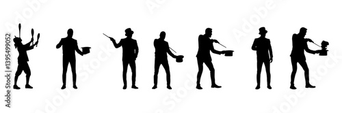 A magician is performing magic with a hat in his hand vector set. 