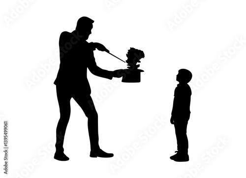 A magician is performing a magic trick with a hat in his hand. A child is watching and enjoying the game. Vector