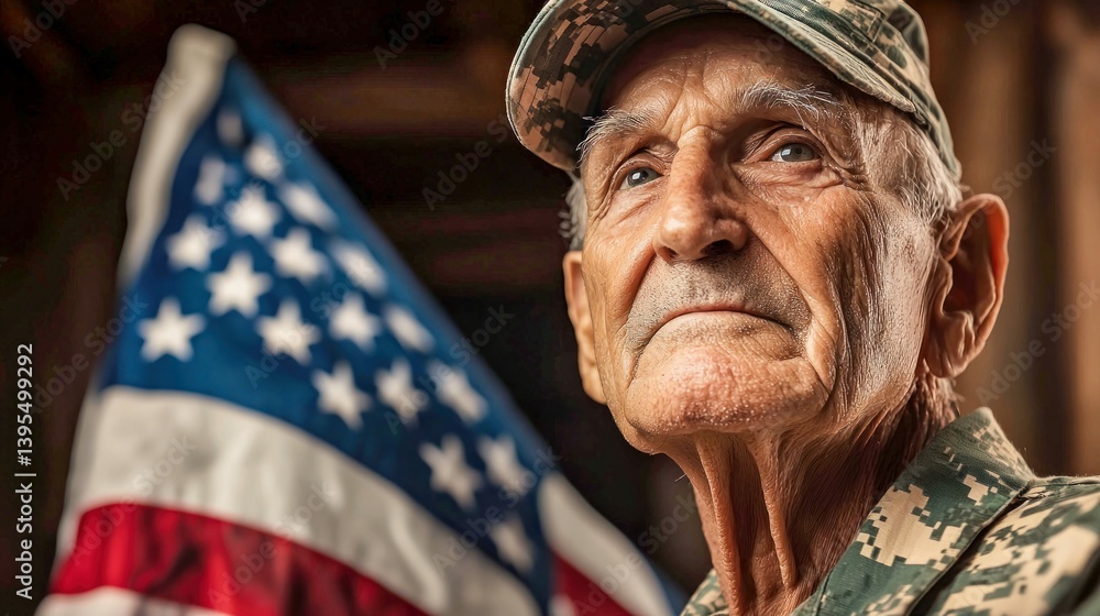 A senior veteran in uniform with an american flag, symbolizing service and patriotism. A senior veteran in uniform with an american flag, symbolizing service and patriotism.