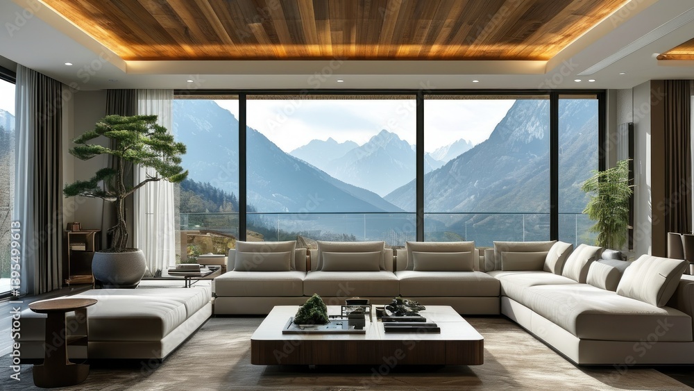Fototapeta premium A modern living room boasts a stunning mountain view and elegant design.