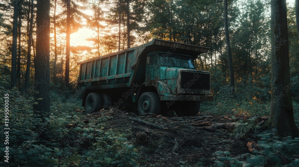 Sunset Scene: Dump Trailer Unloading Green Waste and Tree Limbs in a Clean-Up Effort in the Forest Sunset Scene: Dump Trailer Unloading Green Waste and Tree Limbs in a Clean-Up Effort in the Forest