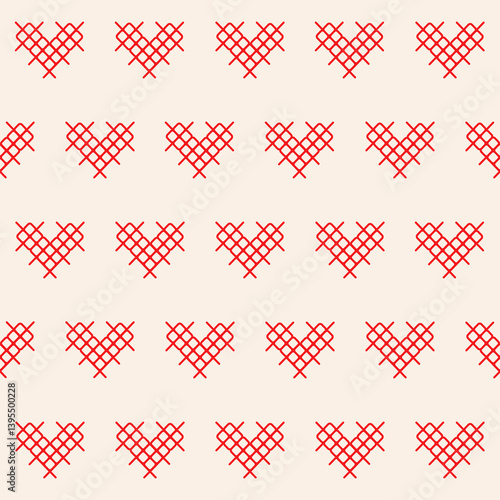 Pixel art red heart seamless vector pattern. Scandinavian Christmas style. Red heart pixel seamless vector pattern. Nordic style vector inspired by Scandinavian Christmas. Pattern cross stitch with he