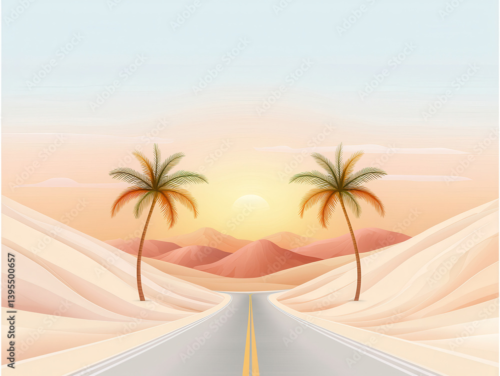 Obraz premium serene desert road lined with palm trees, leading towards muted sunset