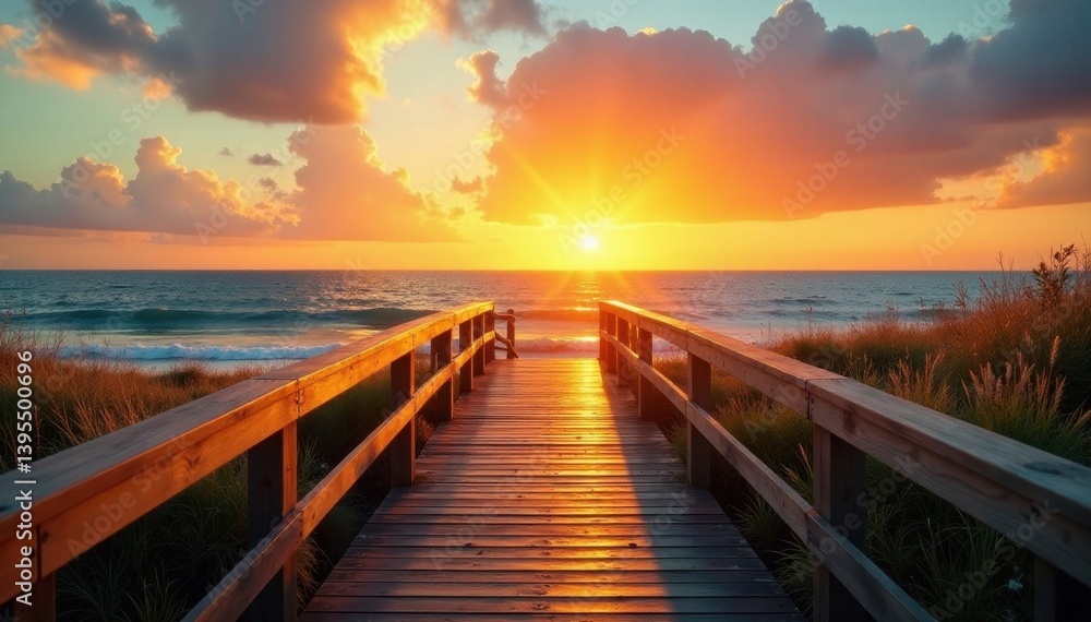 Fototapeta premium Golden sunset, wooden boardwalk leads to ocean, color, background, boardwalk