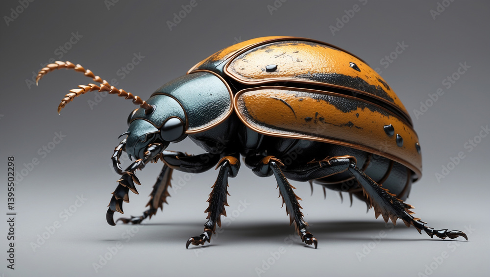 Naklejka premium Striking Detailed Image Of A Black And Orange Beetle On A Grey Background