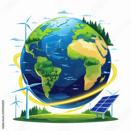 Eco-Friendly Earth: A vibrant illustration of planet earth, embraced by the symbols of renewable energy.Showcasing ecological harmony, sustainability, and the promise of a greener future.