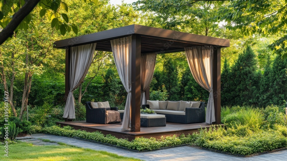 Elegant outdoor gazebo with curtains and comfortable seating in a lush garden. Elegant outdoor gazebo with curtains and comfortable seating in a lush garden.